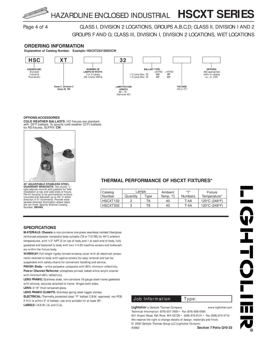 Lightolier HSCXT Series dimensions Ordering Information, Thermal Performance of Hscxt Fixtures, Specifications 