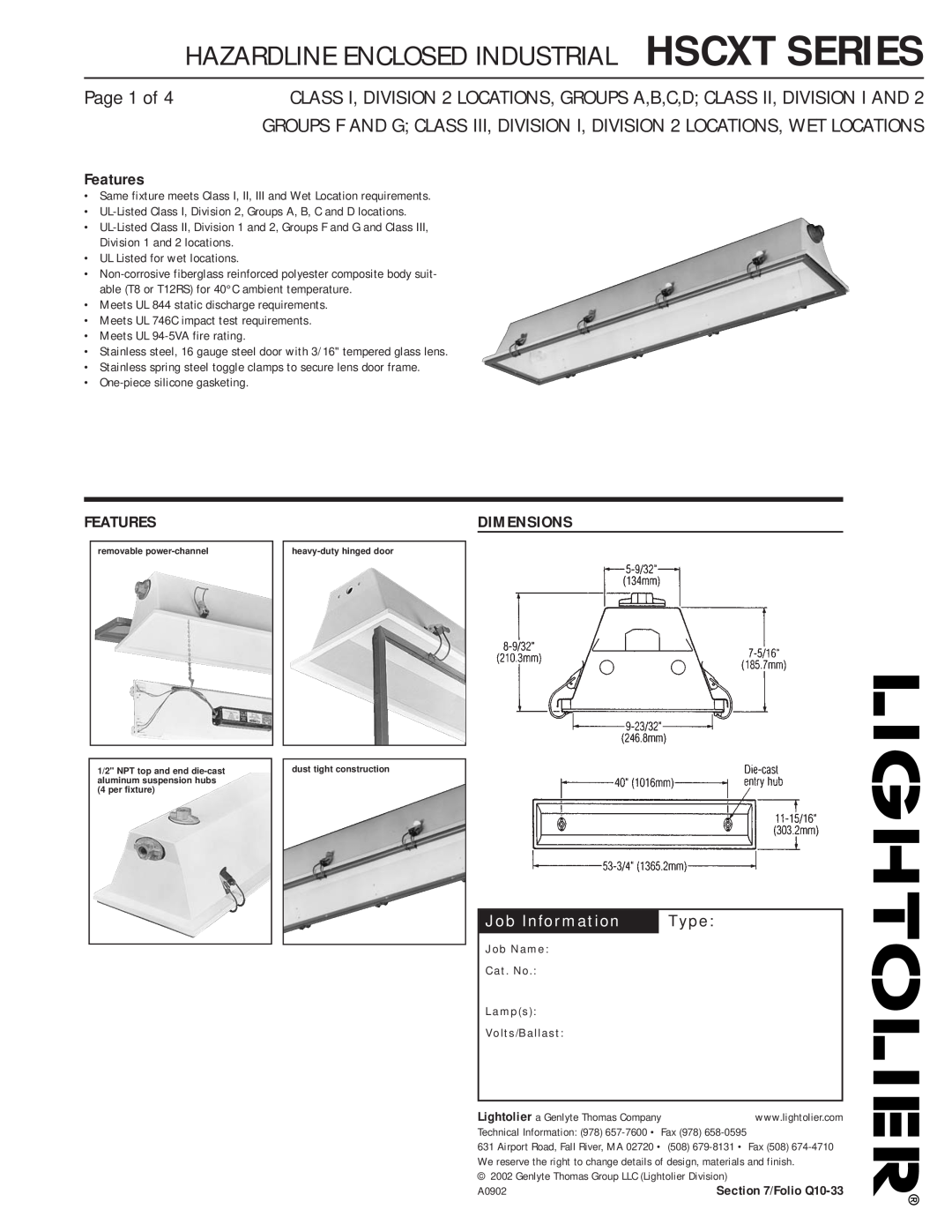 Lightolier HSCXT Series dimensions Features, Dimensions, Job Information Type, Hazardline Enclosed Industrial Hscxt Series 