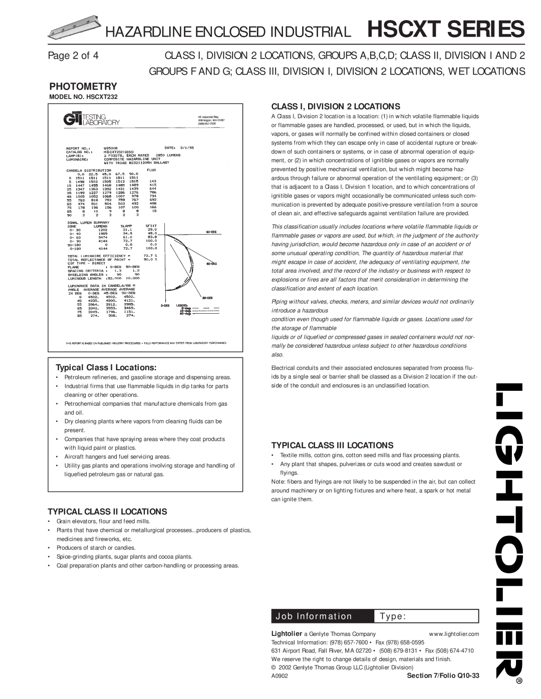 Lightolier HSCXT Series Hazardline Enclosed Industrial Hscxt Series, Page 2 of, Photometry, Typical Class I Locations 