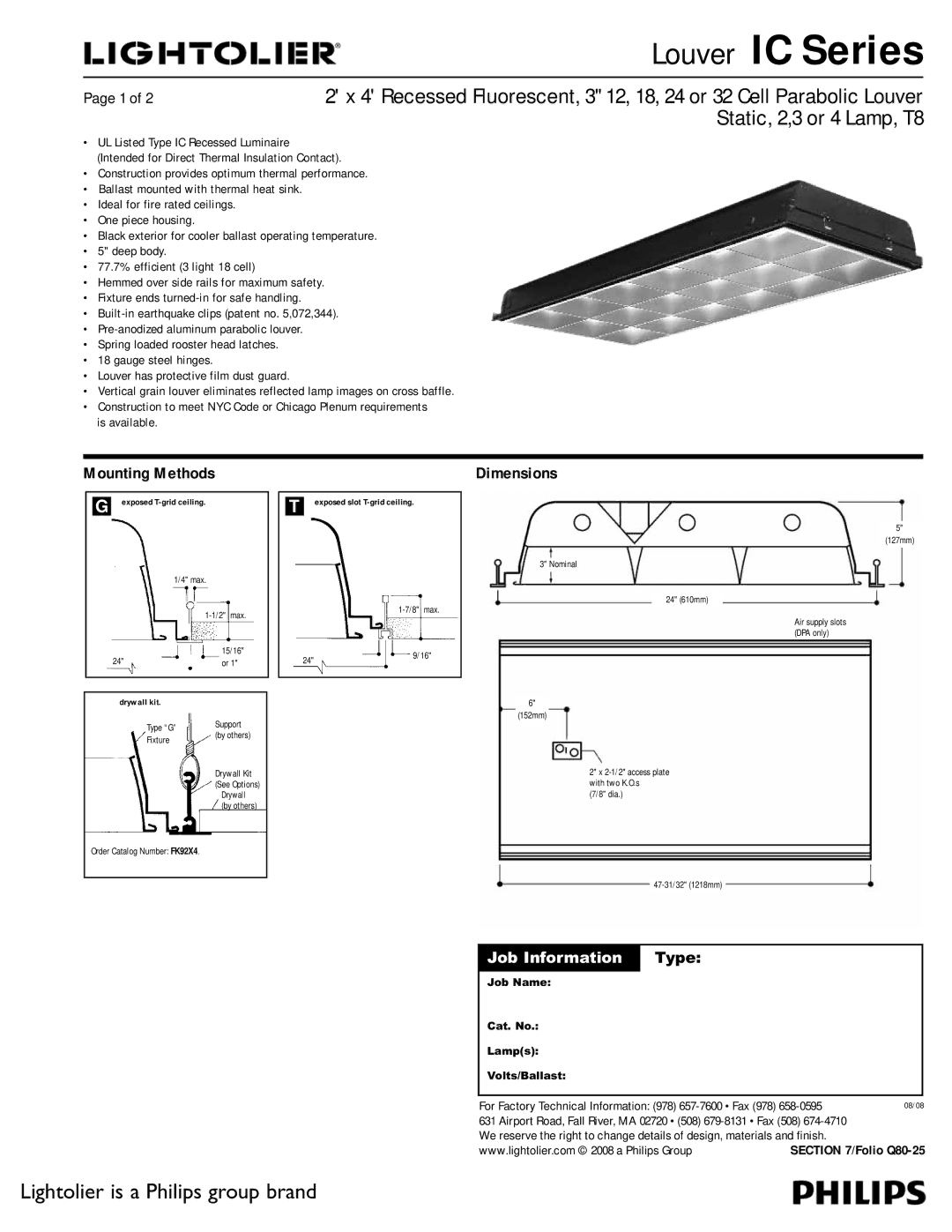 Lightolier IC Series dimensions Mounting Methods, Dimensions, By others, 2-1/2 access plate with two K.O.s, 08/08 