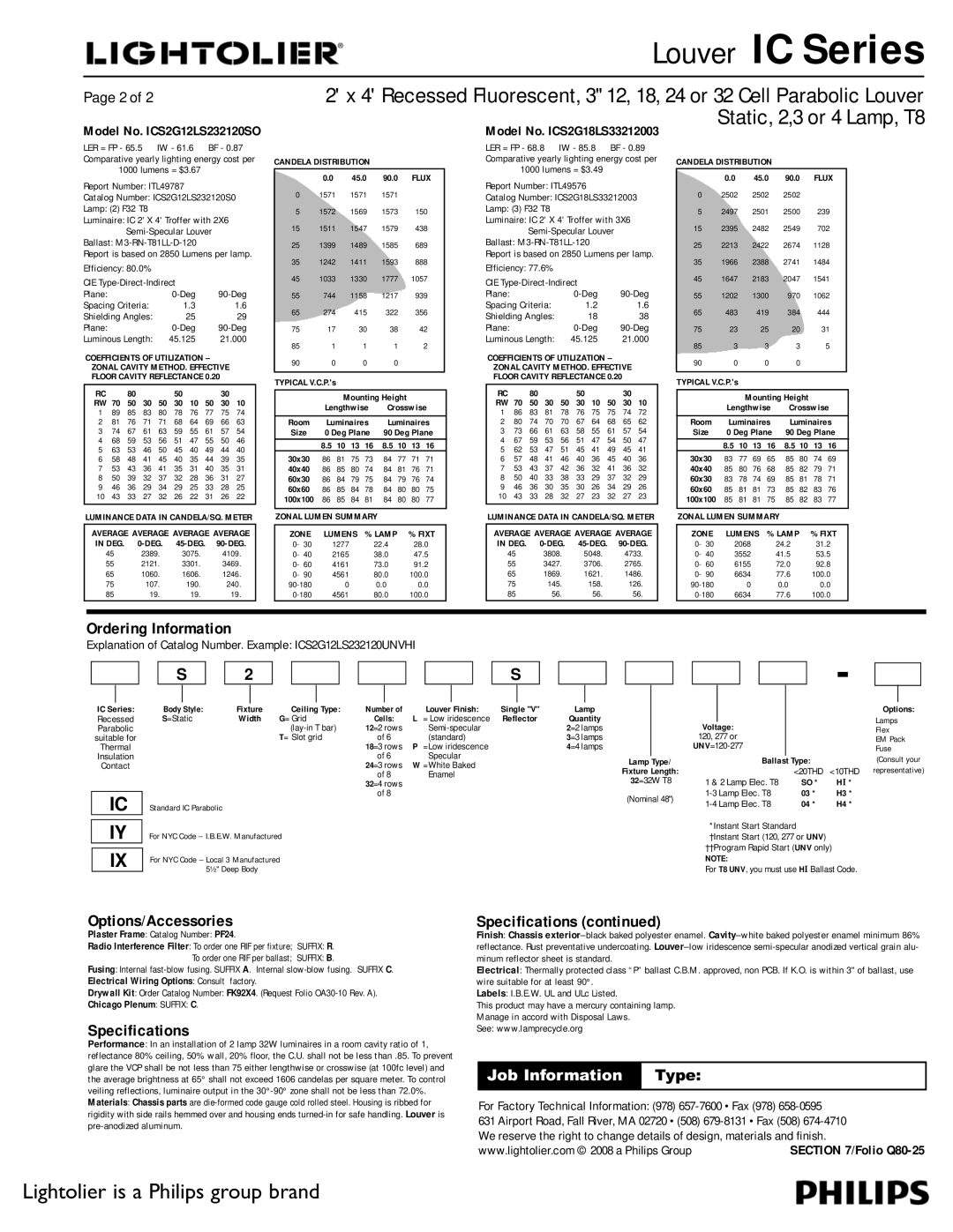 Lightolier IC Series dimensions Ordering Information, Options/Accessories, Specifications 