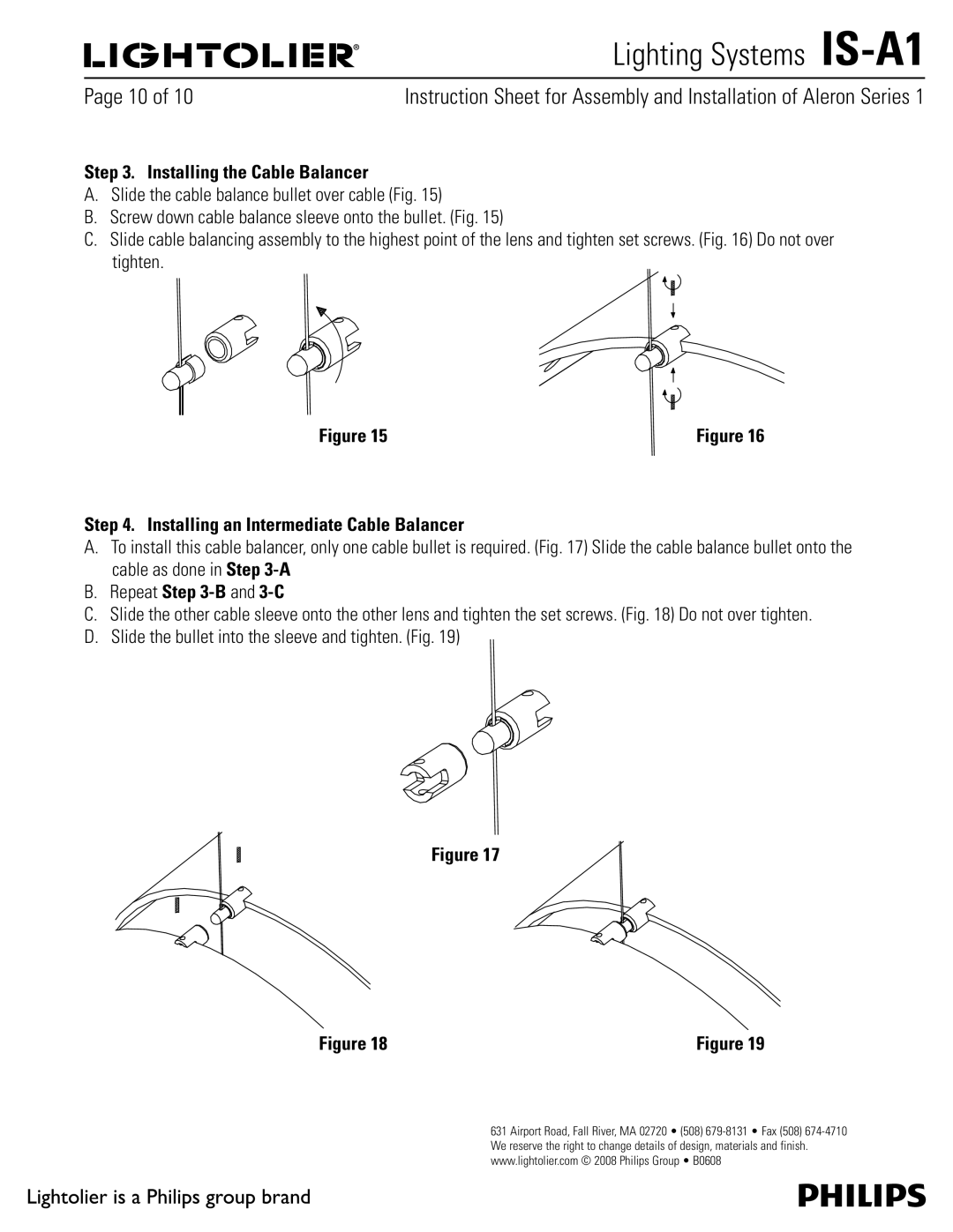 Lightolier IS-A1 manual Installing the Cable Balancer, Installing an Intermediate Cable Balancer, Repeat -B and 3-C 