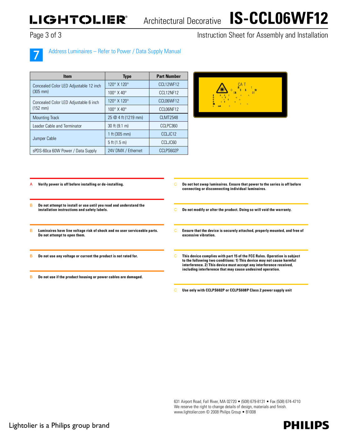 Lightolier instruction sheet Architectural Decorative IS-CCL06WF12, Instruction Sheet for Assembly and Installation 