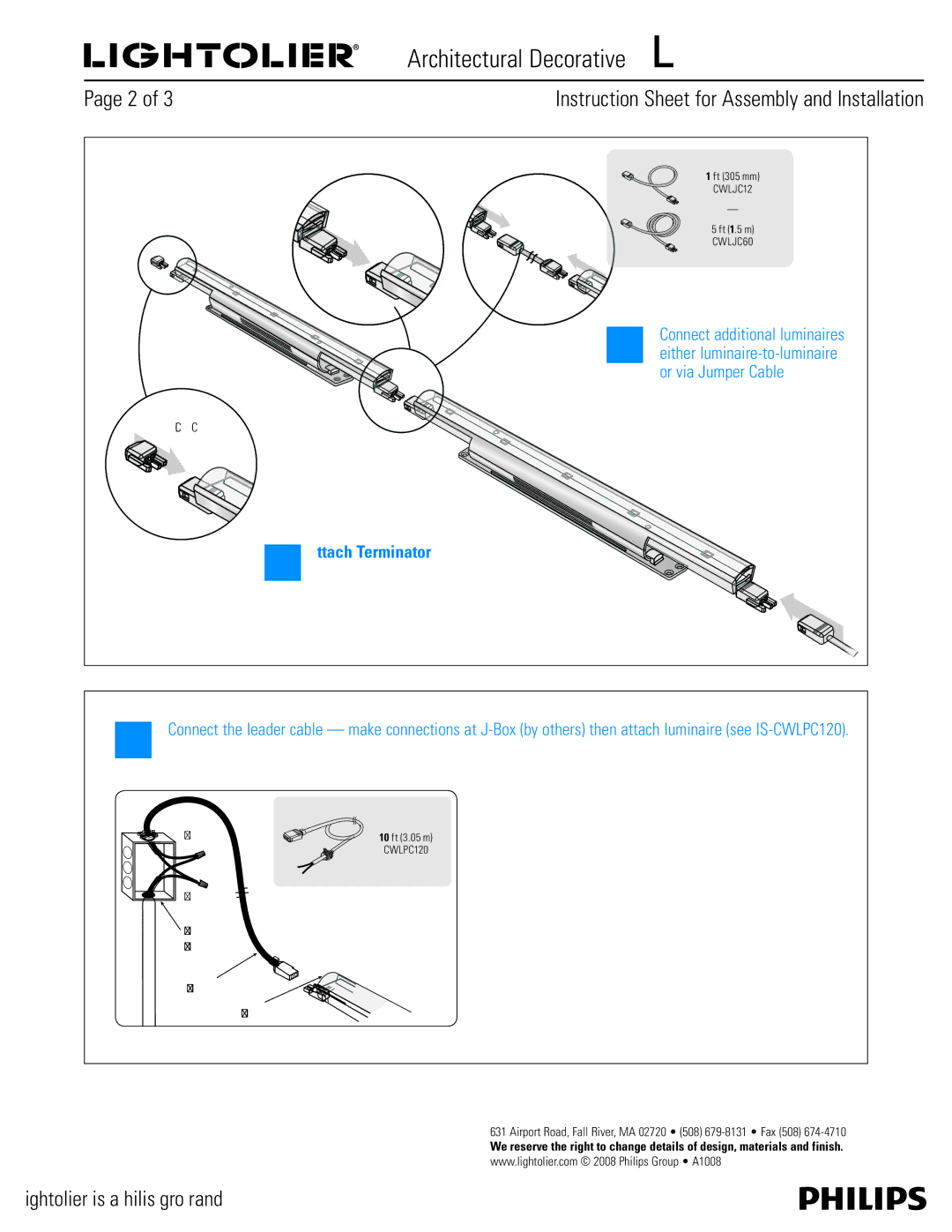 Lightolier instruction sheet Architectural Decorative IS-CWL280612, Instruction Sheet for Assembly and Installation 