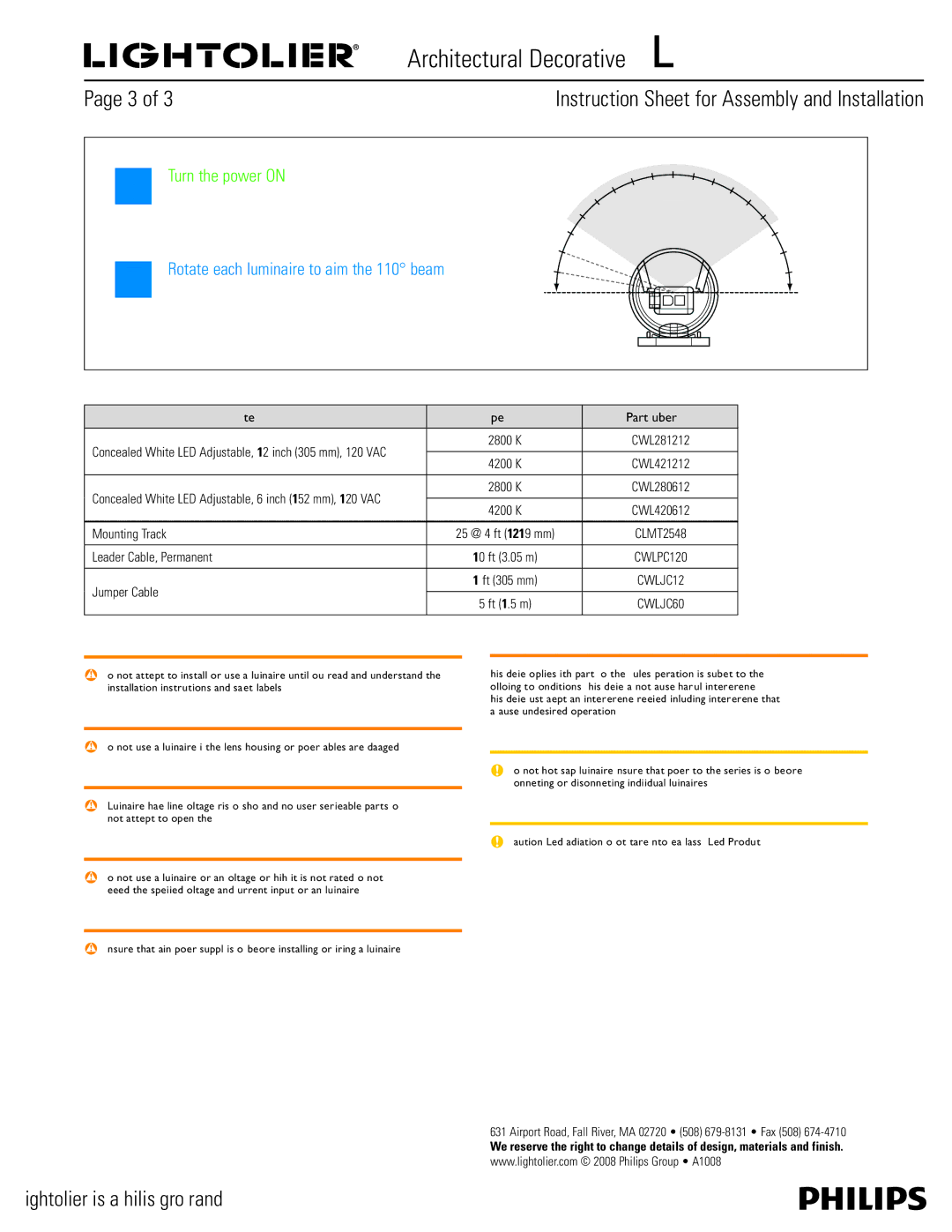 Lightolier IS-CWL280612 instruction sheet Turn the power on, Rotate each luminaire to aim the 110 beam, Type Part Number 