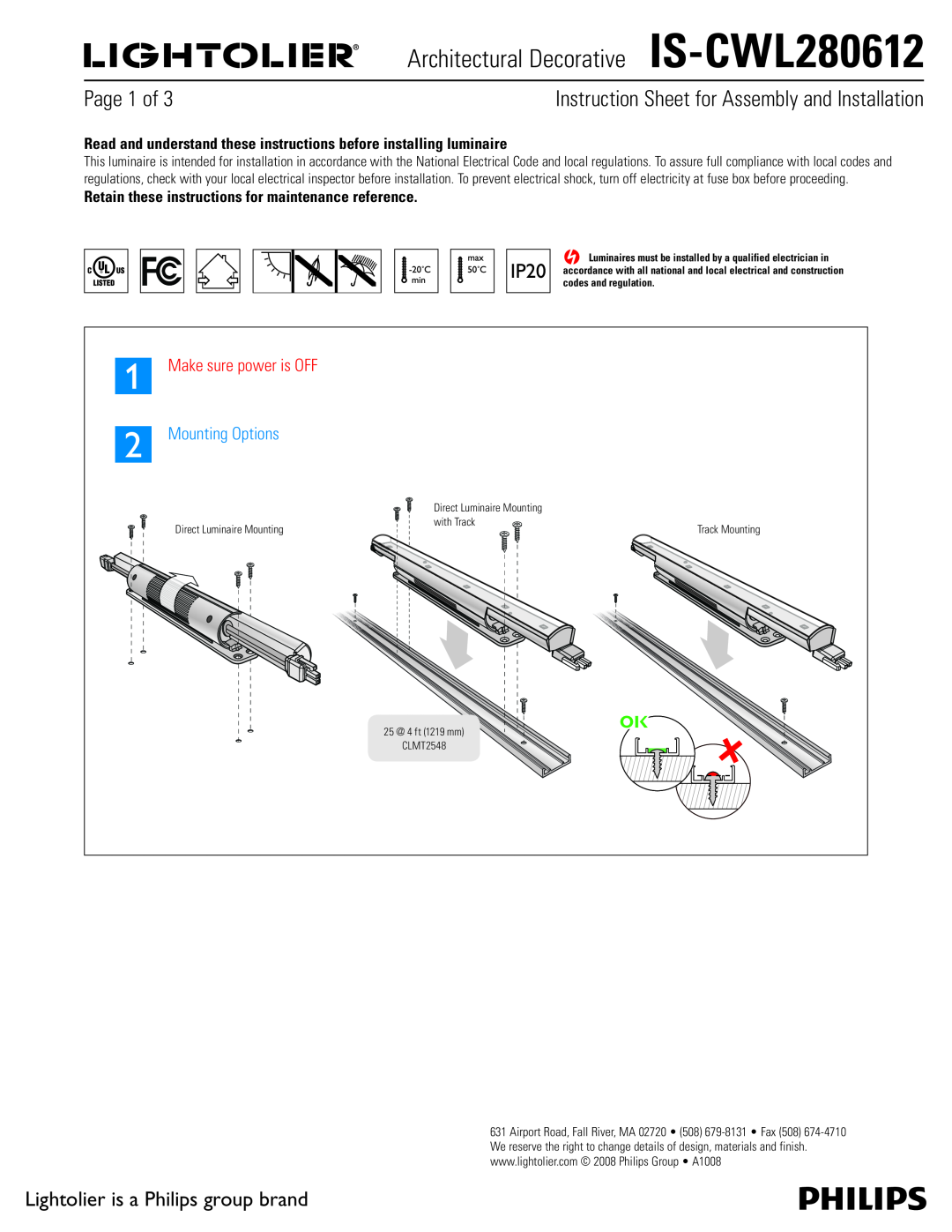 Lightolier IS-CWL280612 instruction sheet Page 1 of, Lightolier is a Philips group brand, Mounting Options 