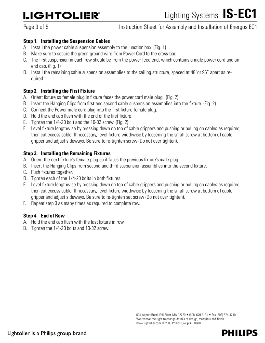 Lightolier IS-EC1 manual 1BHFPG, Installing the Suspension Cables, Installing the First Fixture, End of Row 