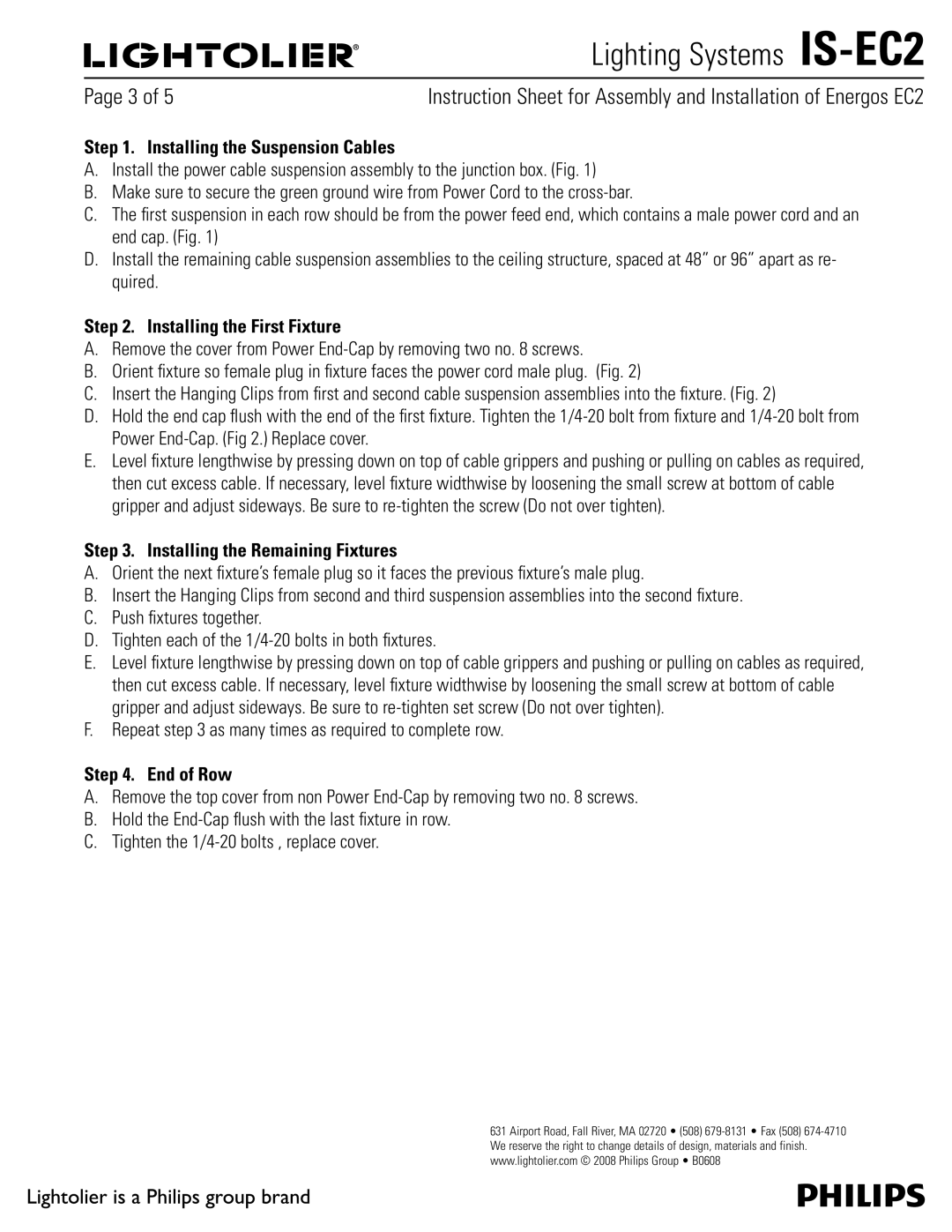 Lightolier IS-EC2 manual 1BHFPG, Installing the Suspension Cables, Installing the First Fixture, End of Row 
