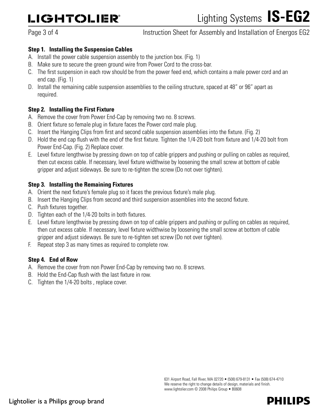 Lightolier IS-EG2 manual 1BHFPG, Installing the Suspension Cables, Installing the First Fixture, End of Row 