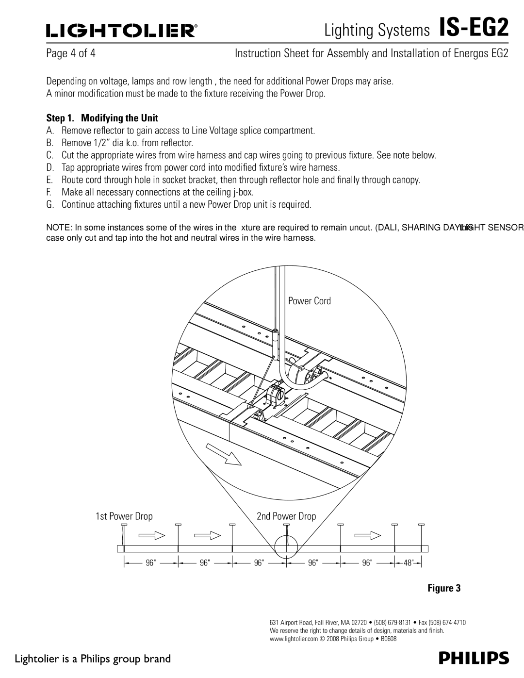 Lightolier IS-EG2 manual 1BHFPG, Modifying the Unit, Power Cord 1st Power Drop 