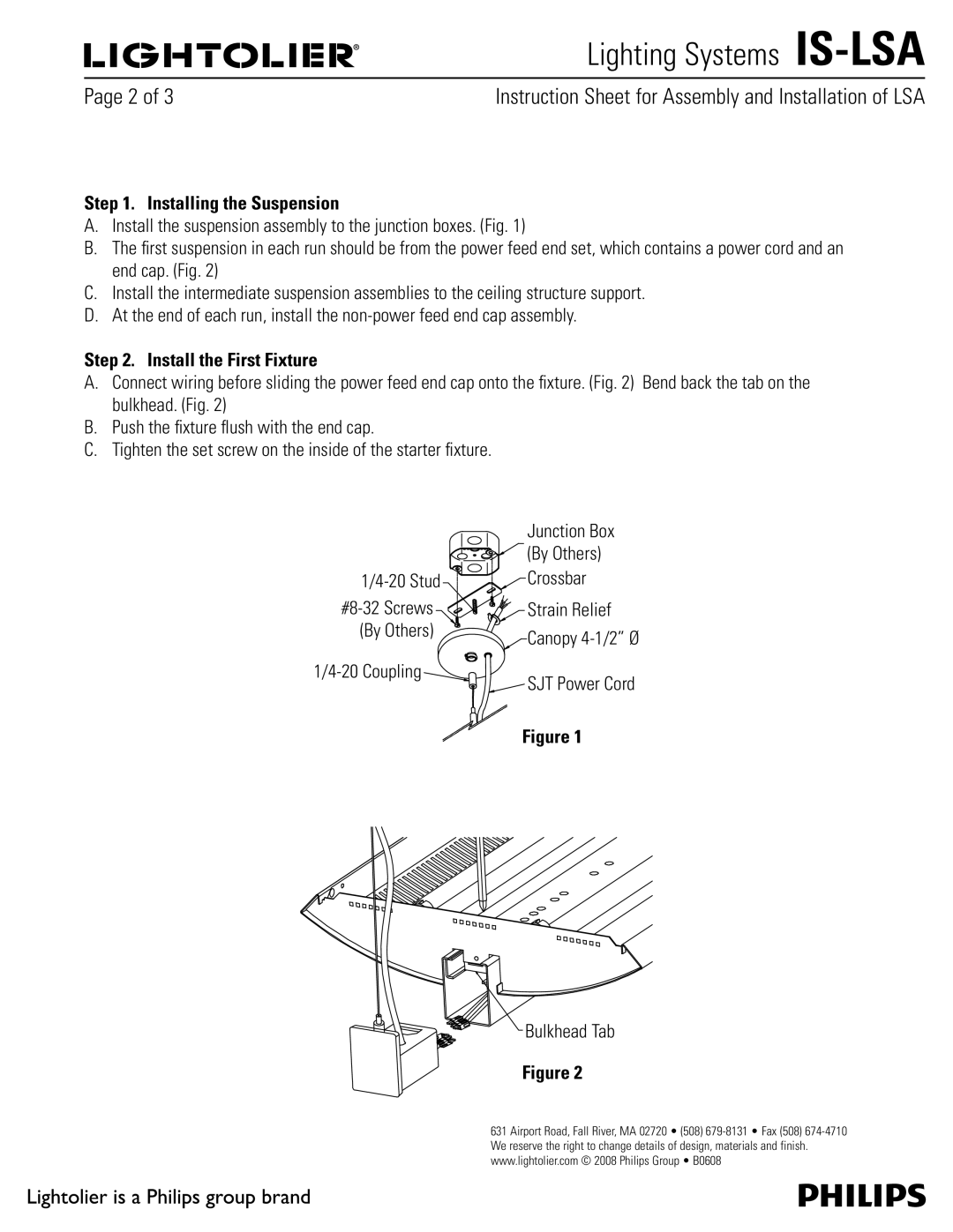 Lightolier IS-LSA 1BHF PG , Installing the Suspension, FoeDbq Jh, Install the First Fixture, Bulkhead Tab 