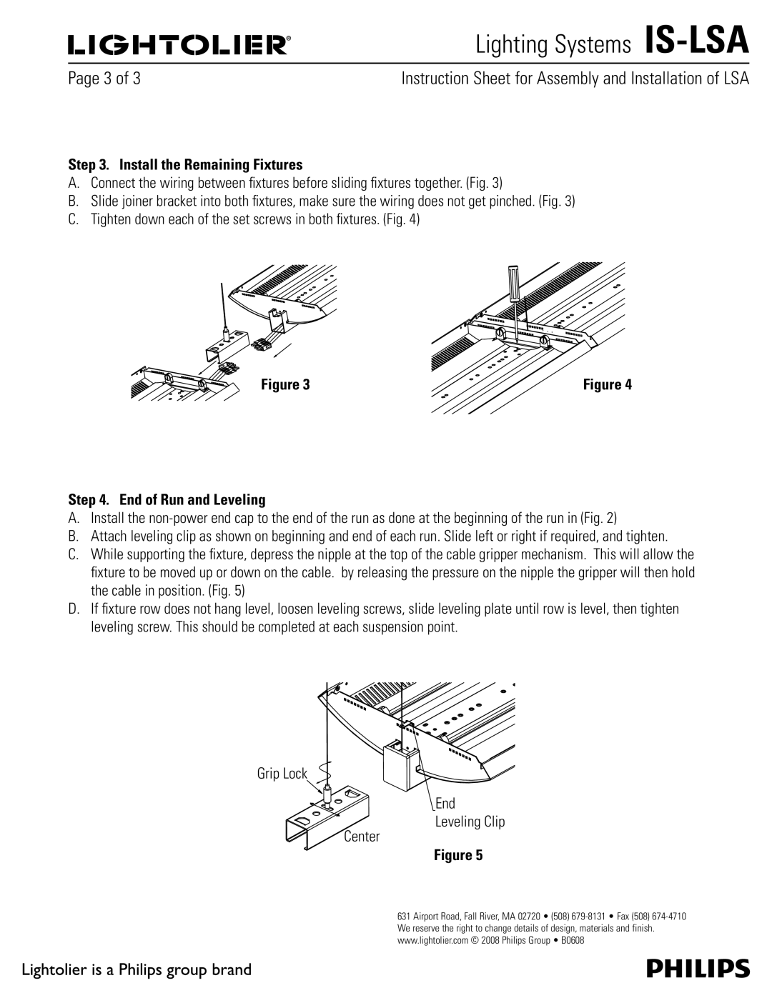 Lightolier IS-LSA manual 1BHF PG , Install the Remaining Fixtures, End of Run and Leveling 