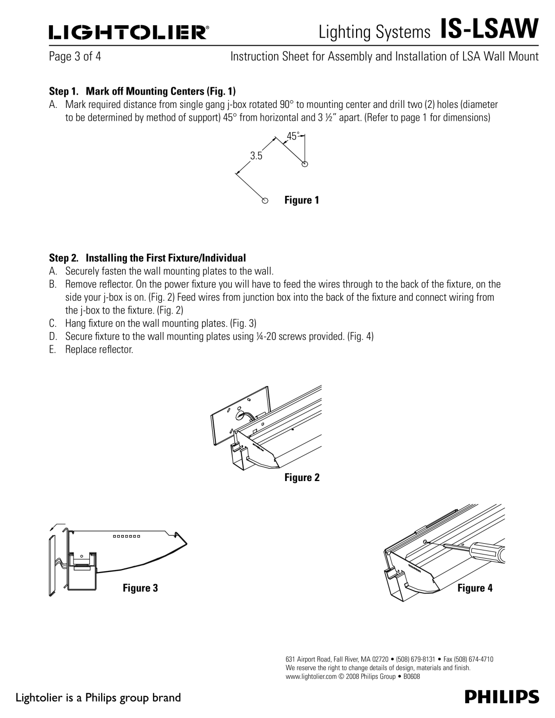 Lightolier IS-LSAW manual Mark off Mounting Centers Fig, Installing the First Fixture/Individual 