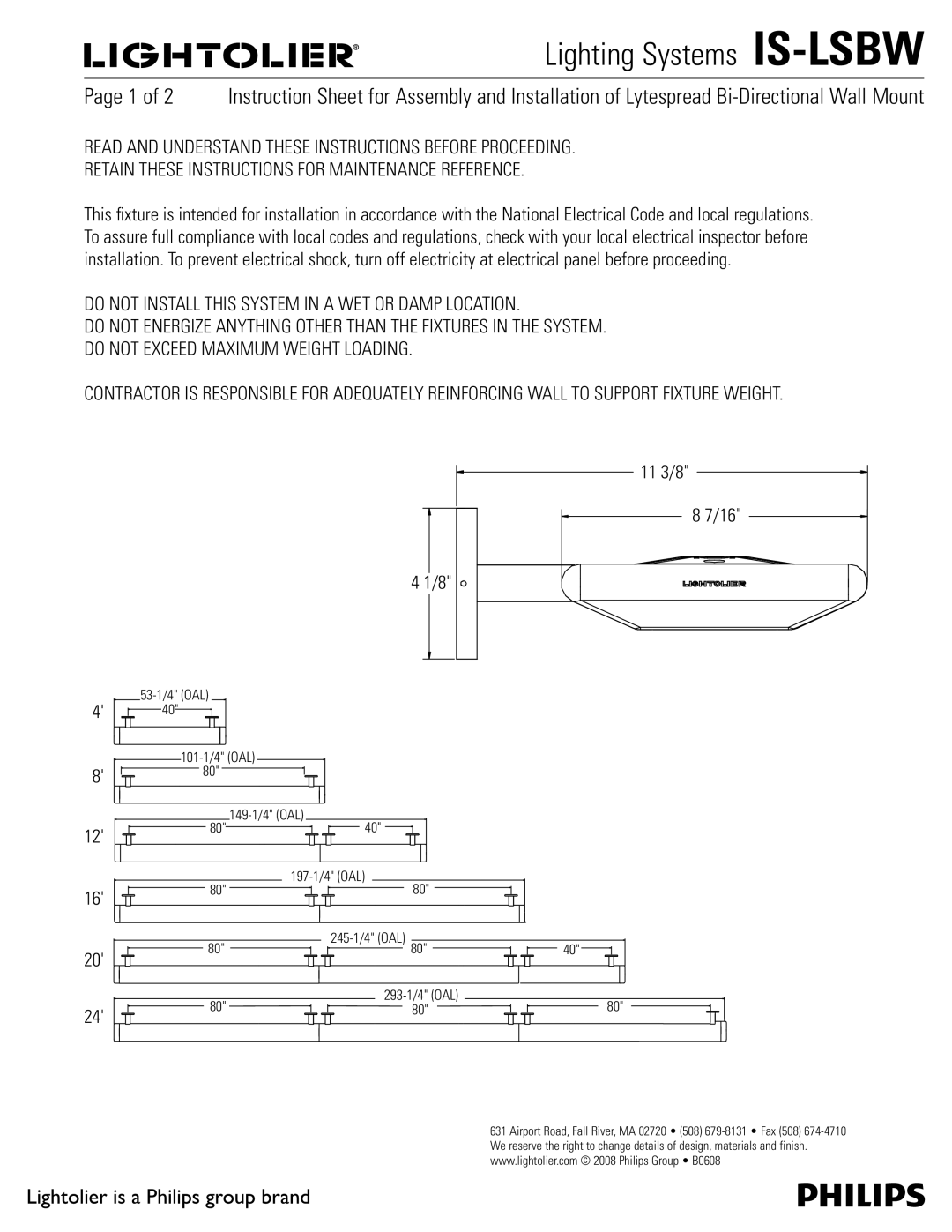 Lightolier manual Lighting Systems IS-LSBW, /05*/45--5*4445&.*/8&503%.1-0$5*0/, 11 3/8 