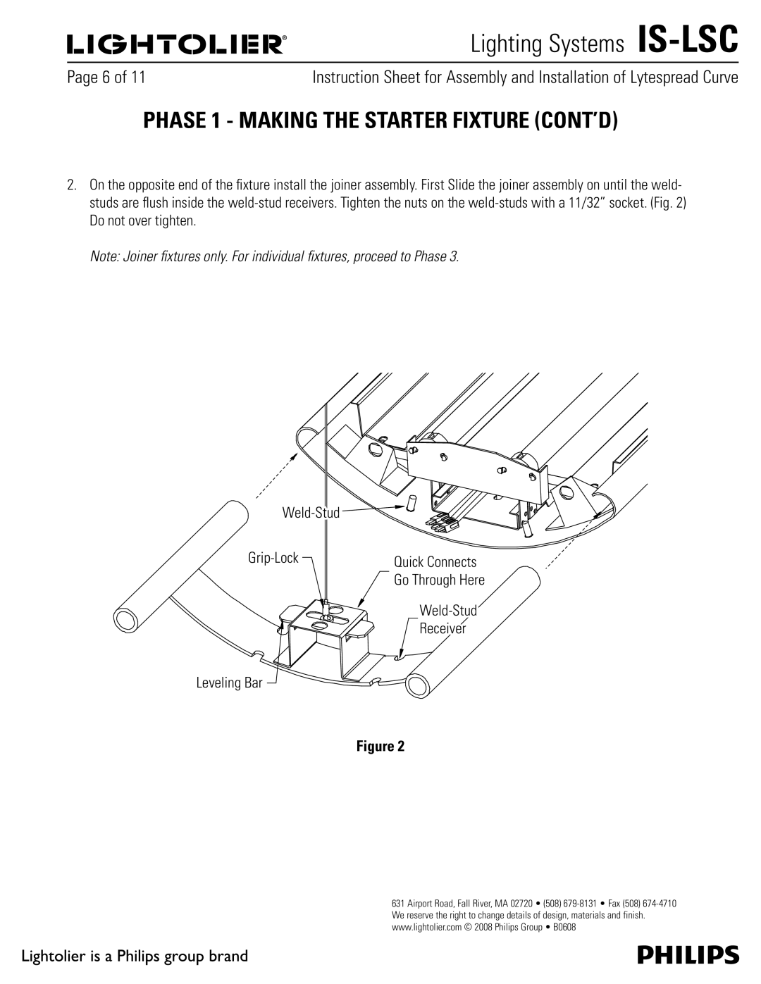 Lightolier IS-LSC manual Phase 1 Making the Starter Fixture CONT’D, Do not over tighten Weld-Stud Grip-Lock 