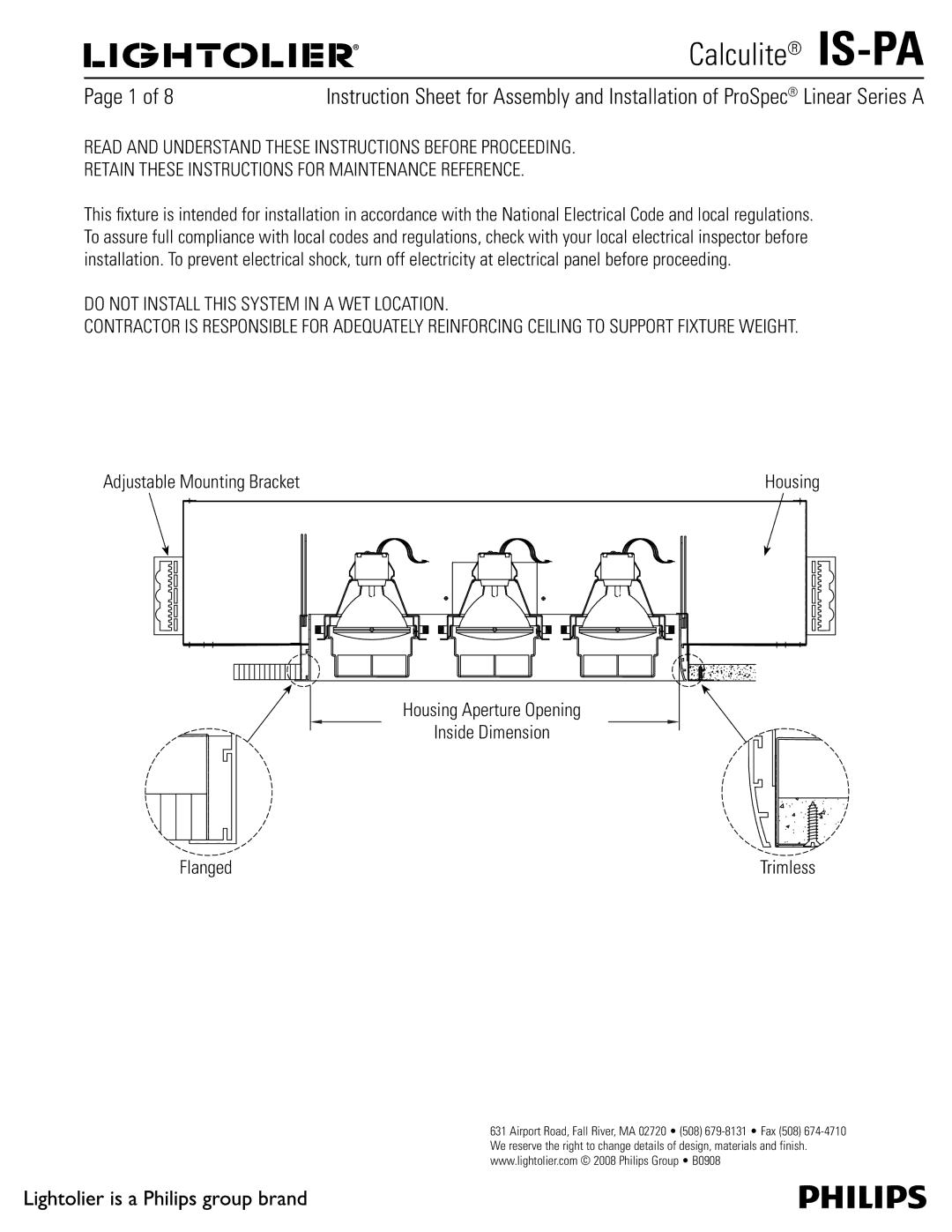 Lightolier IS-PA manual $Bmdvmjuf Is-Pa, Housing Aperture Opening Inside Dimension Flanged 