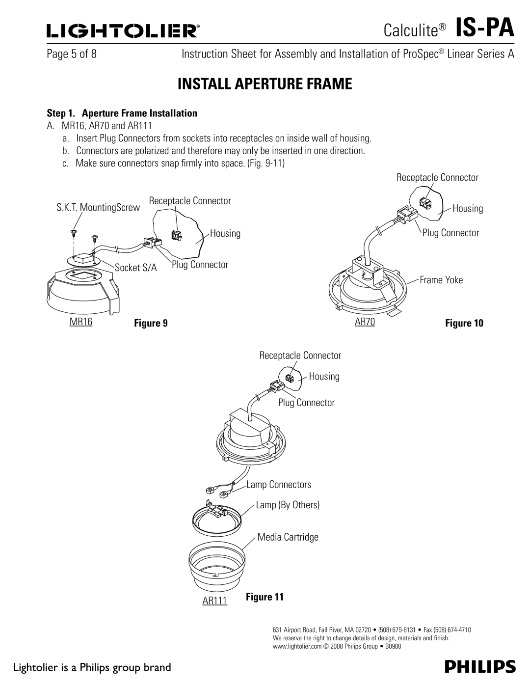 Lightolier IS-PA manual Install Aperture Frame, Aperture Frame Installation, MR16, AR111, AR70 