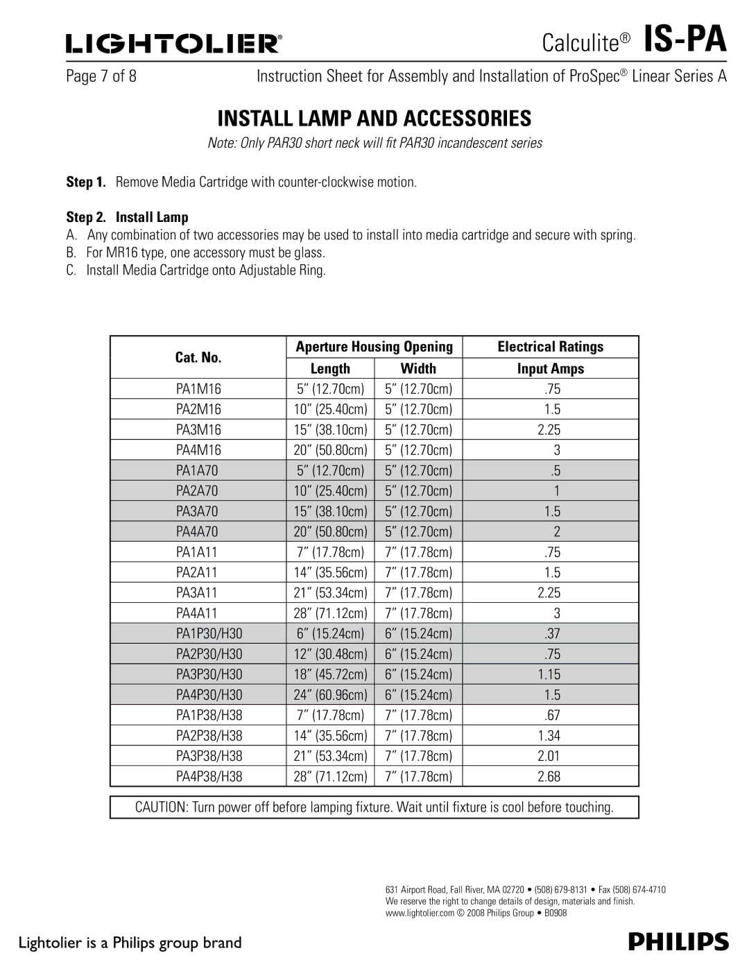 Lightolier IS-PA manual Install Lamp and Accessories, Cat. No, Electrical Ratings, Input Amps 