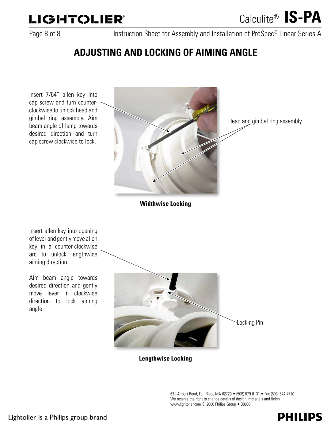 Lightolier IS-PA manual Adjusting and Locking of Aiming Angle, Widthwise Locking, Lengthwise Locking 