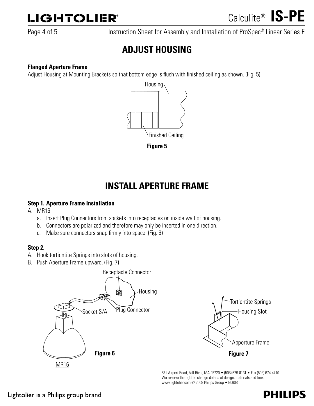 Lightolier IS-PE manual Adjust Housing, Install Aperture Frame, Flanged Aperture Frame, Aperture Frame Installation 