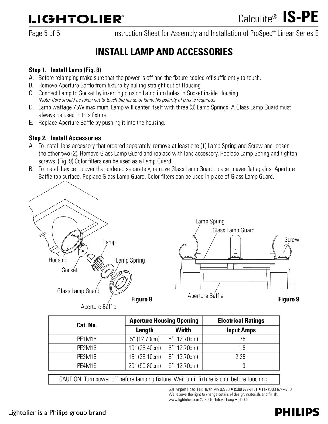 Lightolier IS-PE Install Lamp and Accessories, Install Lamp Fig, Install Accessories, Cat. No Aperture Housing Opening 