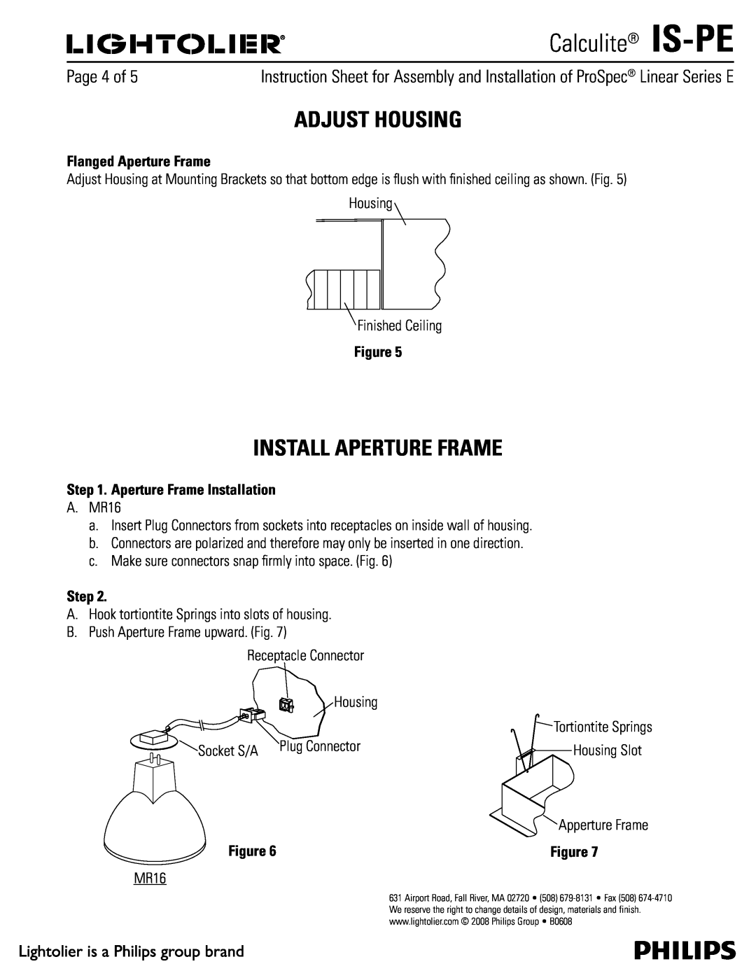 Lightolier IS-PE manual Adjust Housing, Install Aperture Frame, Flanged Aperture Frame, Aperture Frame Installation, Step 