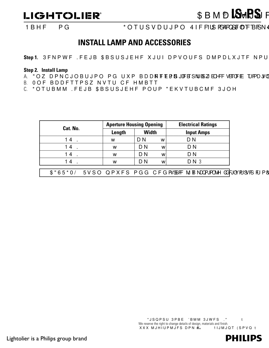 Lightolier IS-PS manual Install Lamp and Accessories, Cat. No, Electrical Ratings, Input Amps 