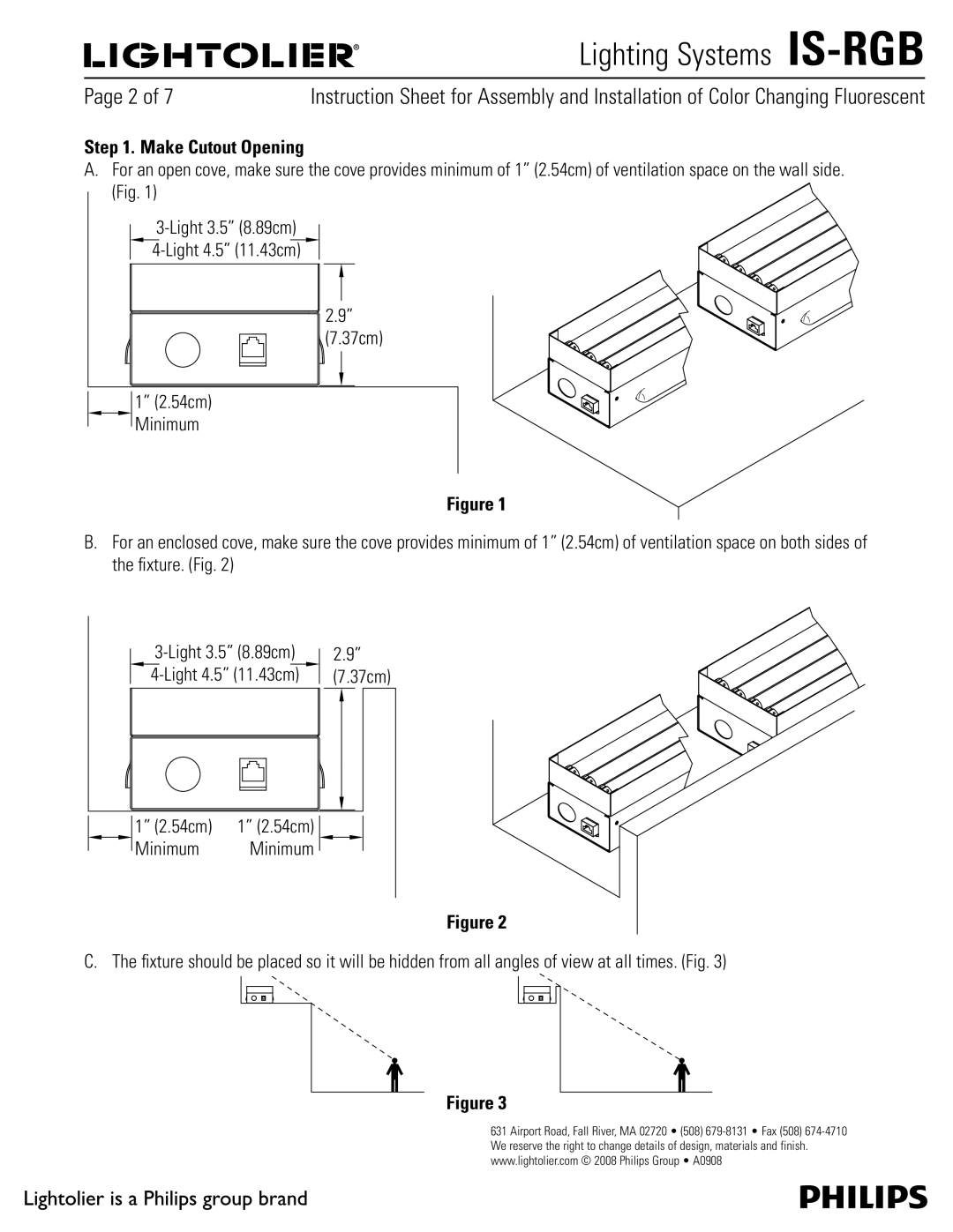 Lightolier IS-RGB manual Make Cutout Opening, JH Light 3.5 8.89cm Light 4.5 11.43cm 7.37cm, 54cm, Minimum 