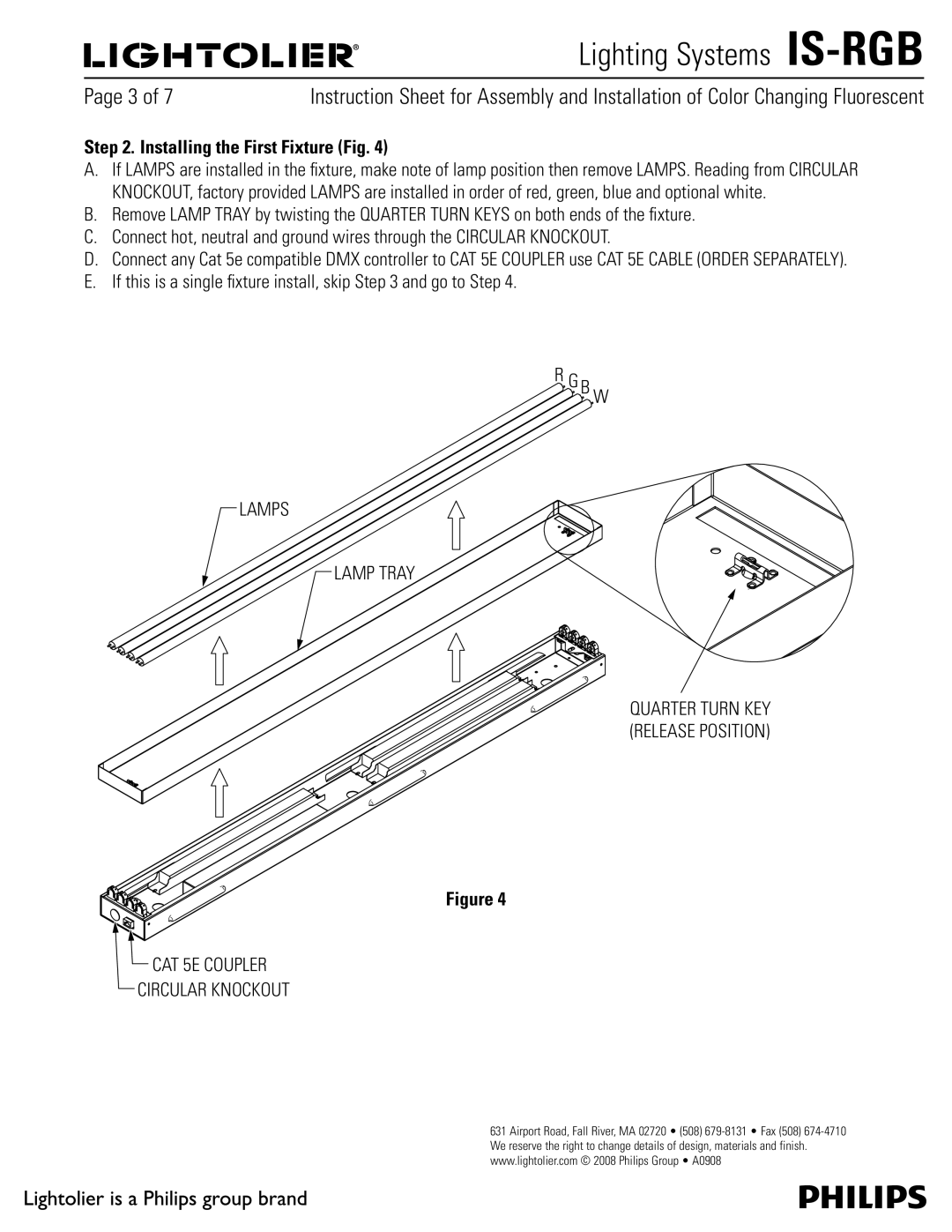 Lightolier IS-RGB manual Installing the First Fixture Fig, B W Lamps Lamp Tray, CAT 5E Coupler Circular Knockout 