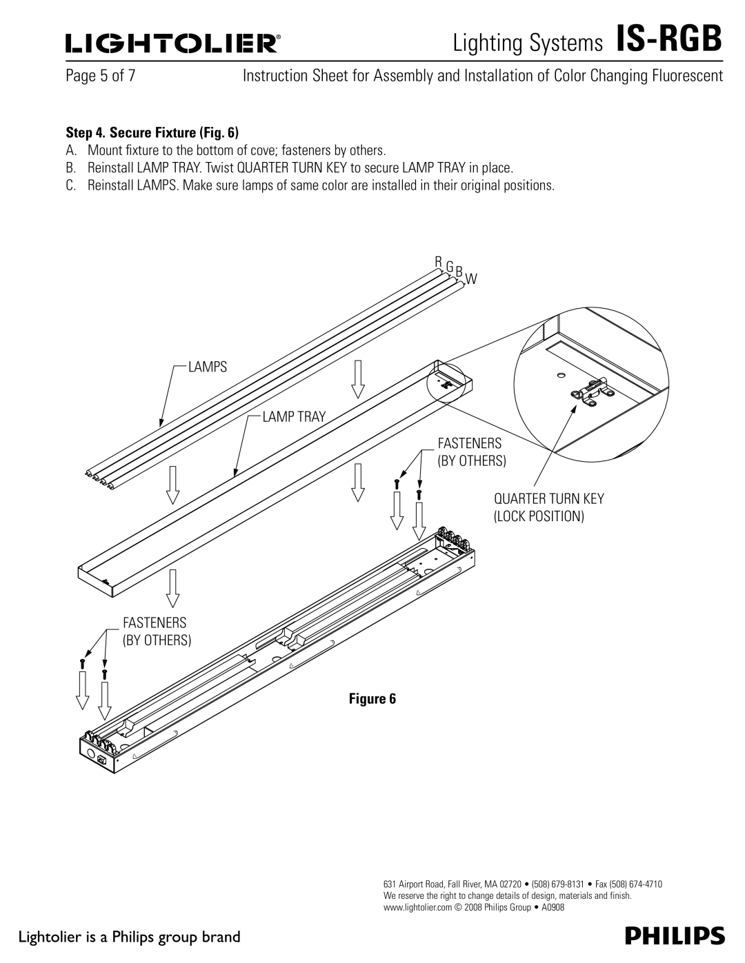 Lightolier IS-RGB manual Secure Fixture Fig, Fasteners by Others Quarter Turn KEY Lock Position 