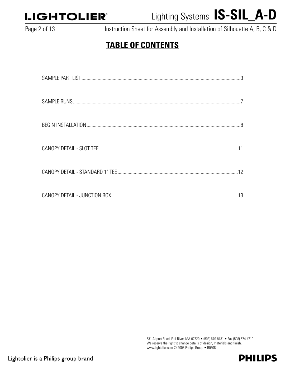 Lightolier IS-SIL_A-D manual Table of Contents 