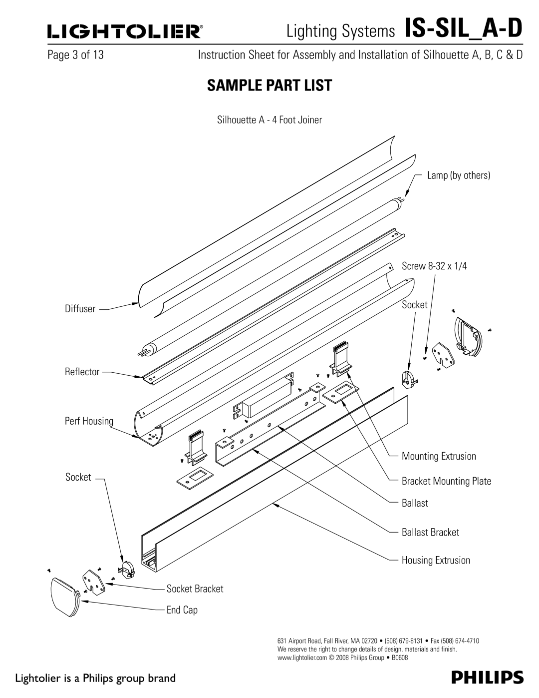 Lightolier IS-SIL_A-D manual Sample Part List, 4JMIPVFUUFPPU+PJOFS 