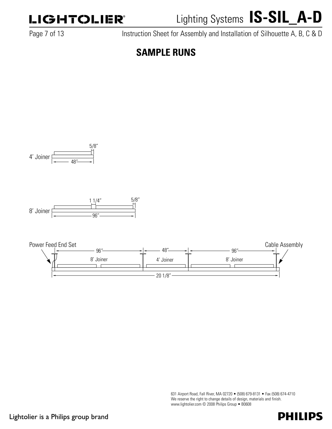 Lightolier IS-SIL_A-D manual Sample Runs, ’ Joiner Power Feed End Set, Cable Assembly 