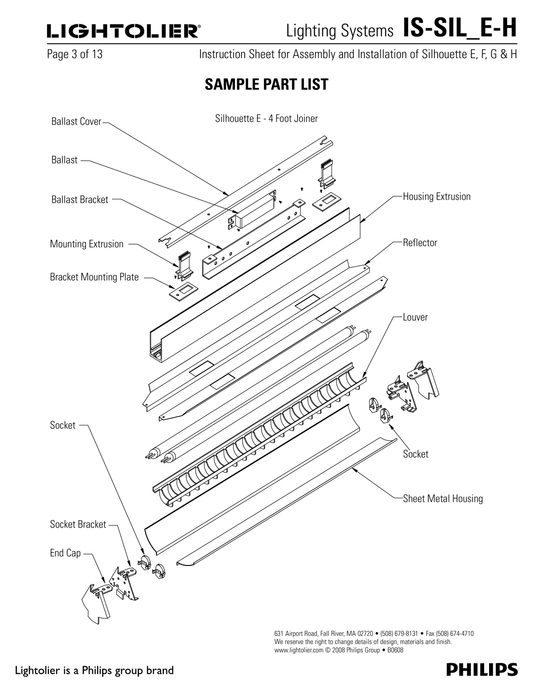 Lightolier IS-SIL_E-H manual Sample Part List, Ballast Cover 