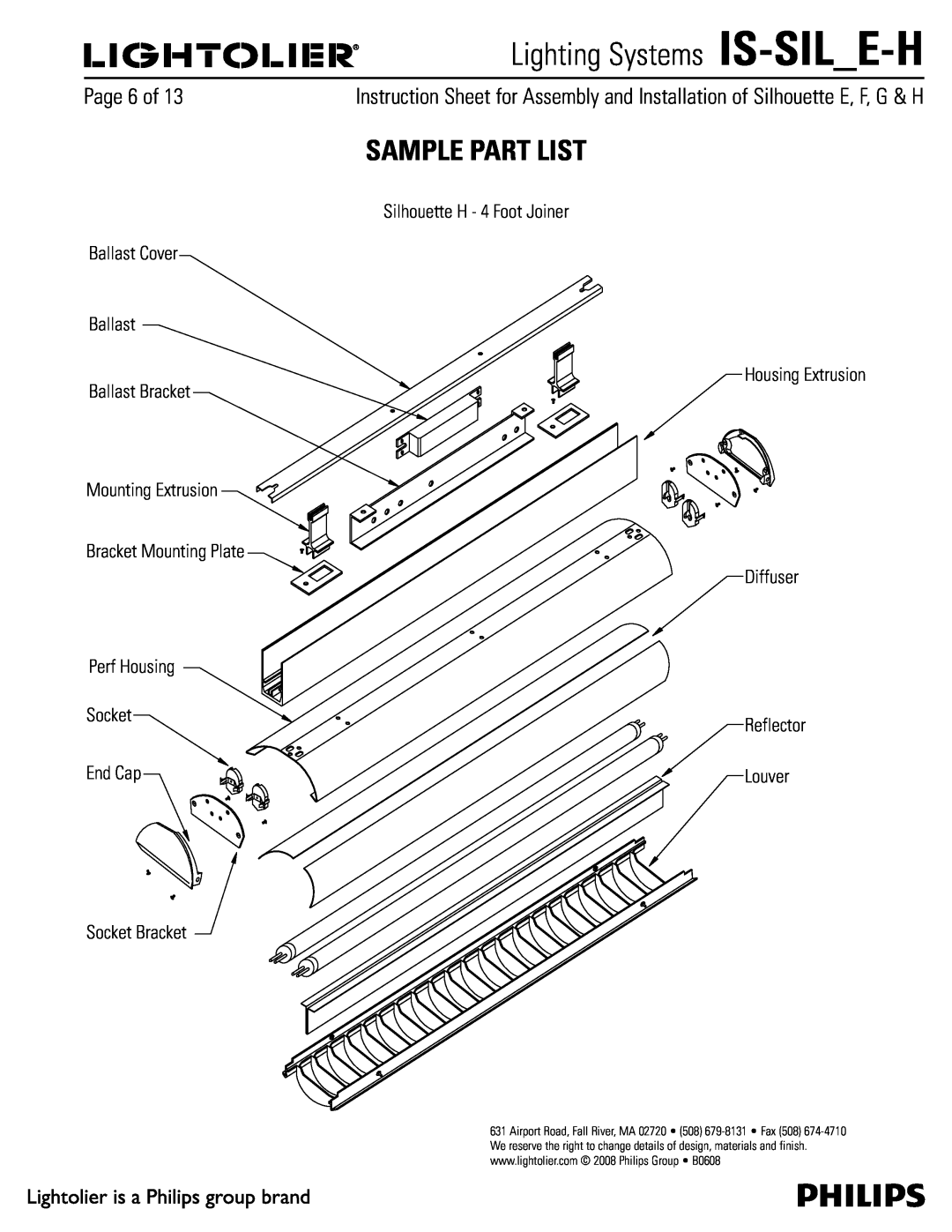 Lightolier IS-SIL_E-H manual Sample Part List, Lighting Systems IS-SILE-H, 1BHFPG, Louver 