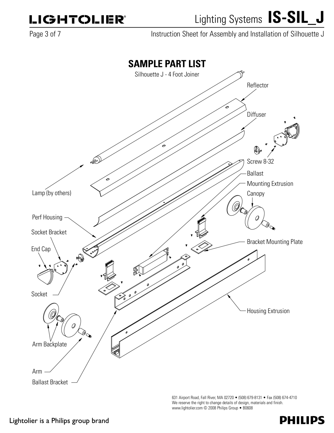 Lightolier IS-SIL_J manual Sample Part List, 1BHFPG, Lamp by others, End Cap Socket Arm Backplate Ballast Bracket 