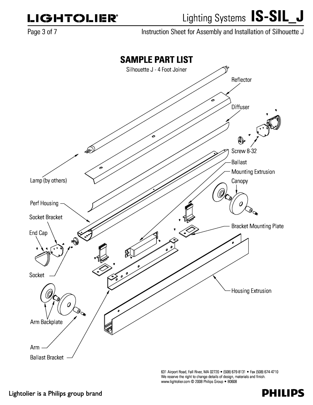 Lightolier IS-SIL_J manual Sample Part List, 1BHFPG, Lamp by others, End Cap Socket Arm Backplate Arm Ballast Bracket 
