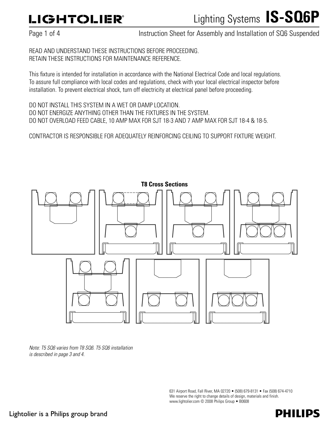 Lightolier IS-SQ6P manual 1BHFPG, T8 Cross Sections 