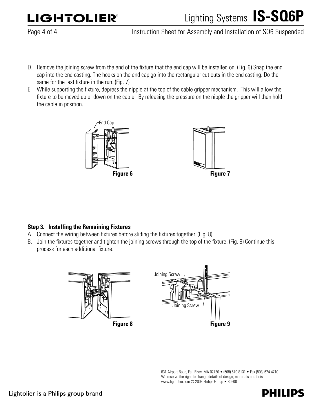 Lightolier IS-SQ6P manual 1BHFPG, Installing the Remaining Fixtures, End Cap, Joining Screw 