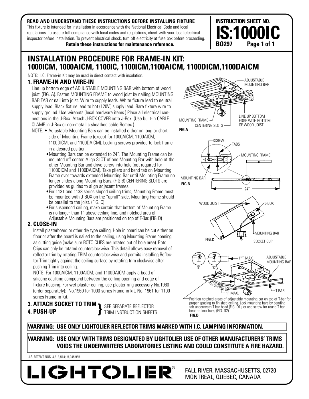 Lightolier IS:1000IC instruction sheet IS1000IC, Installation Procedure for FRAME-IN KIT, FRAME-IN and WIRE-IN, Close-In 