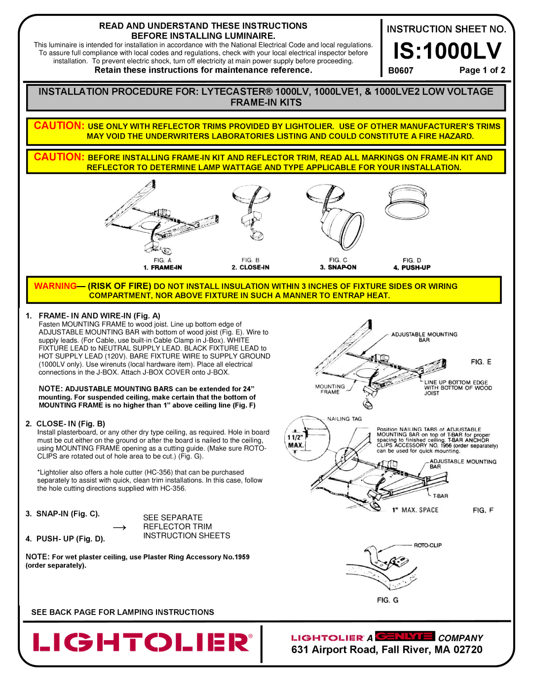 Lightolier IS:1000LV instruction sheet IS1000LV, FRAME- in and WIRE-IN Fig. a, CLOSE- in Fig. B, SNAP-IN Fig. C 