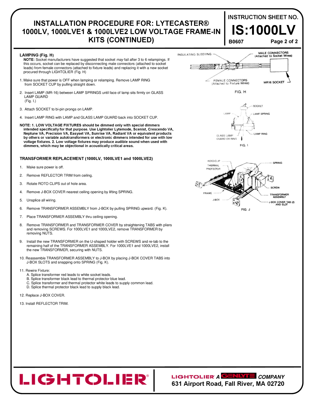 Lightolier IS:1000LV instruction sheet Lamping Fig. H, Transformer Replacement 1000LV, 1000LVE1 and 1000LVE2 