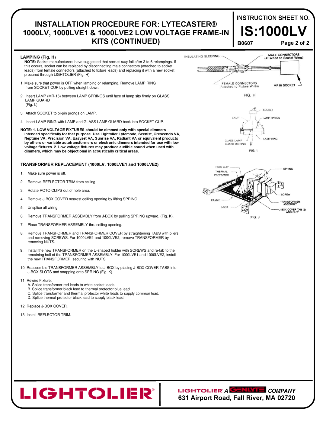 Lightolier IS:1000LV Instruction Sheet No, Page 2 of, IS 1000LV, Installation Procedure For Lytecaster, Kits Continued 