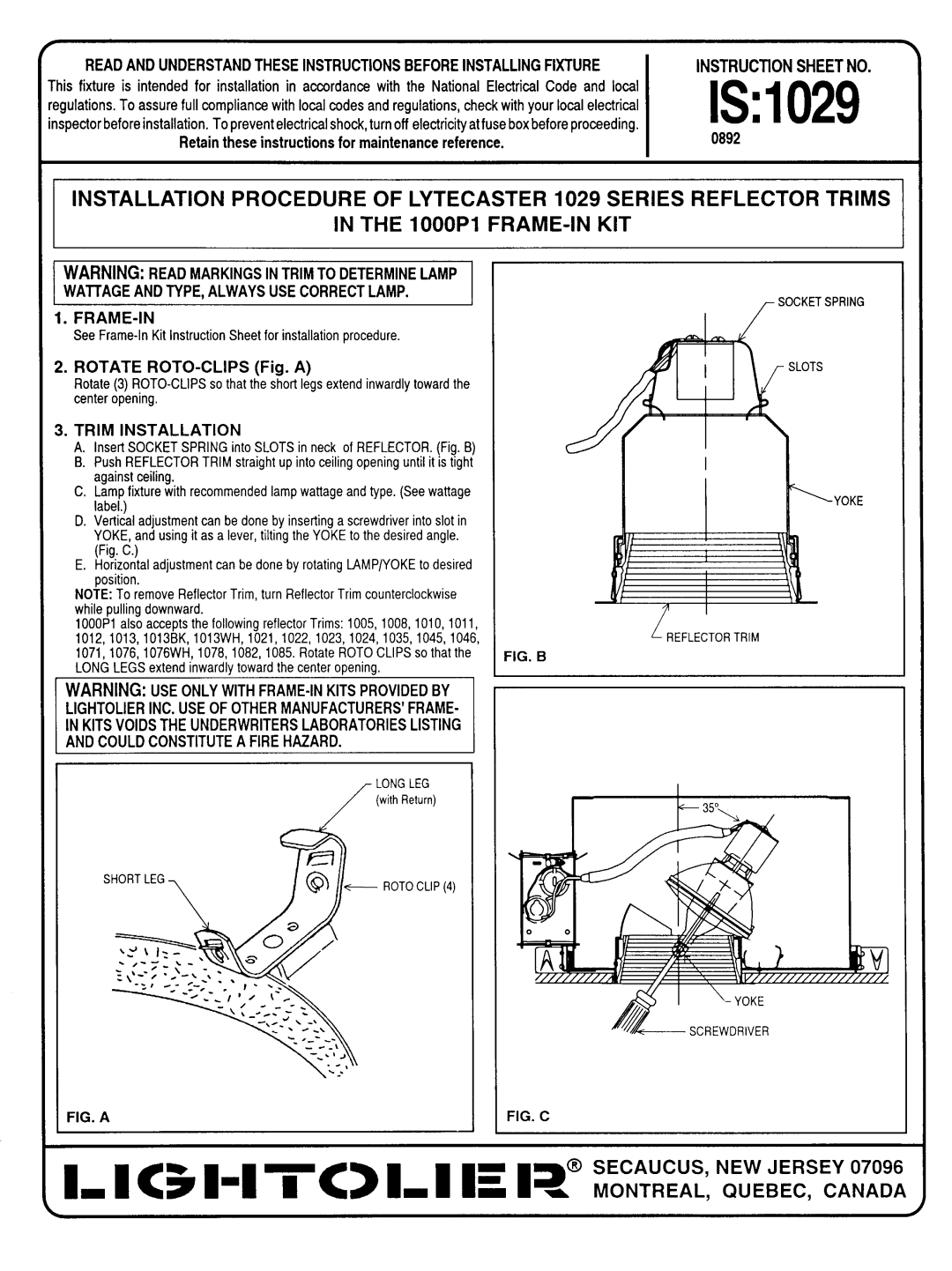 Lightolier IS:1029 instruction sheet Readand Understandtheseinstructionsbeforeinstallingfixture, Frame-In 