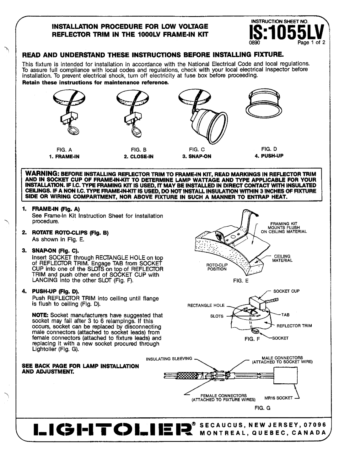 Lightolier IS:1055LV instruction sheet LS1055LV, LOW Voltage, Reflector Trim in the 1000LV FRAME-IN KIT 