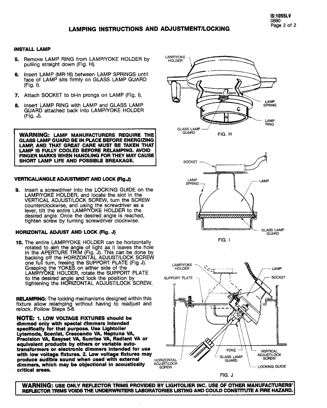 Lightolier IS:1055LV Fs~, ==77=, Lamping Instructions Adjustmentilocking, Install Lamp, Manufacturers Require 