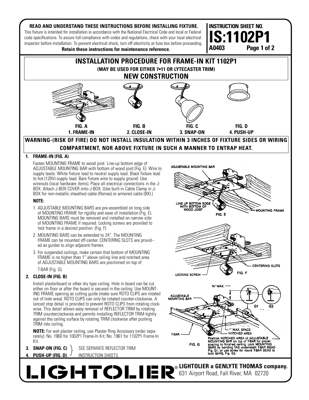 Lightolier IS:1102P1 instruction sheet IS1102P1, Installation Procedure for FRAME-IN KIT 1102P1, NEW Construction 