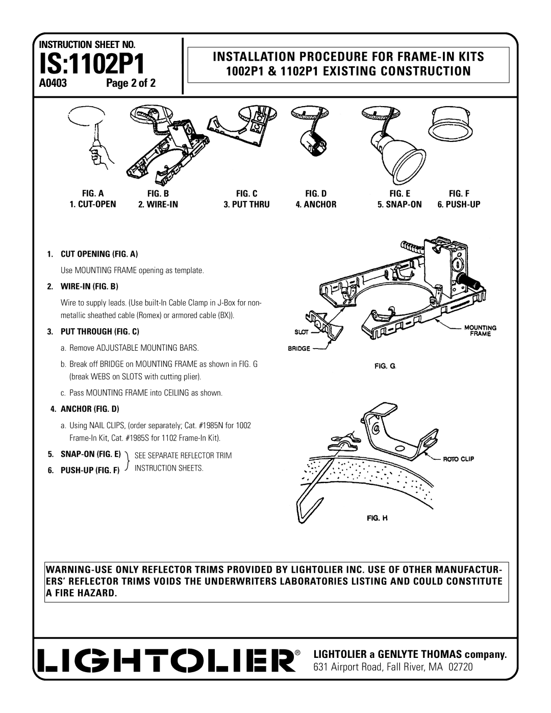 Lightolier IS:1102P1 instruction sheet CUT Opening FIG. a, Wire-In Fig. B, PUT Through FIG. C, Anchor FIG. D 