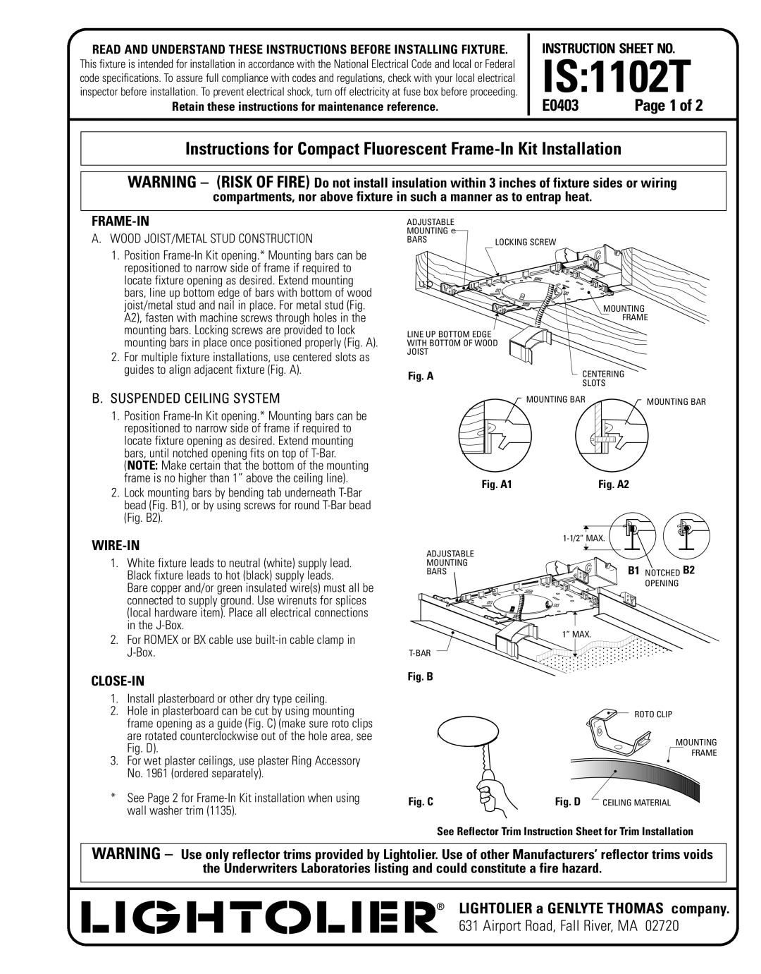 Lightolier IS:1102T instruction sheet Instruction Sheet no, Frame-In, Wire-In, Close-In 