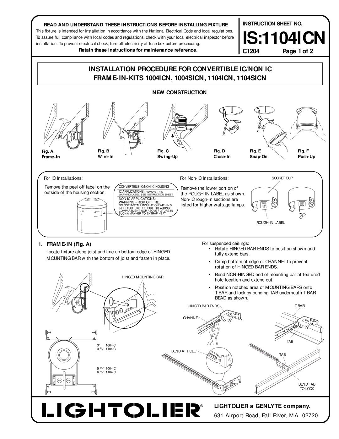 Lightolier 1104SICN, IS:1104ICN, 1004ICN instruction sheet FRAME-IN Fig. a, For IC Installations, For Non-IC Installations 